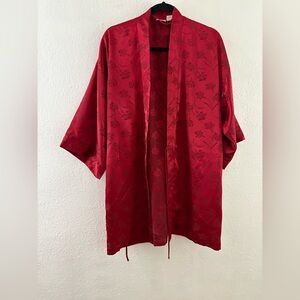 Y2K Fredericks Women red Robe M Satin Kimono Floral Loungewear Romantic